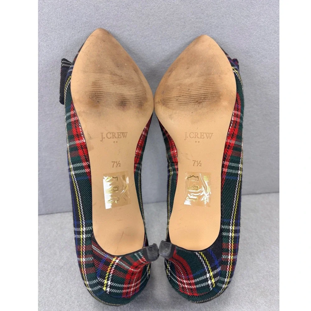 J.Crew Esme Tartan Plaid Kitten Heel Pumps W/ Bow Black & Red Sz 7.5 holiday